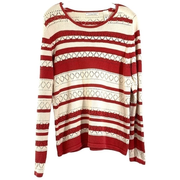 Liz Claiborne Crazy Horse Striped Crochet Sweater - Red/Cream, Size Large - Picture 1 of 7